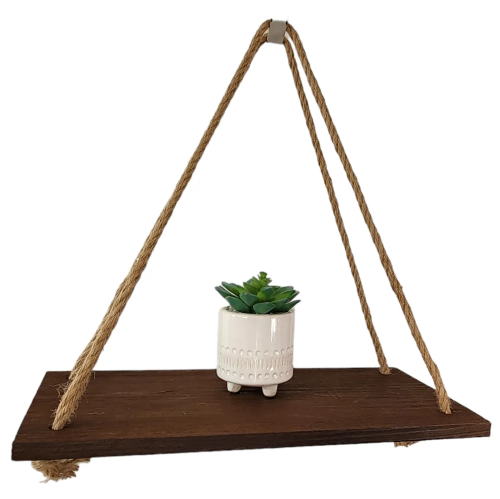 Set of Two Distressed Wood Hanging Swing Rope Floating Shelves‎ 17x8x18in
